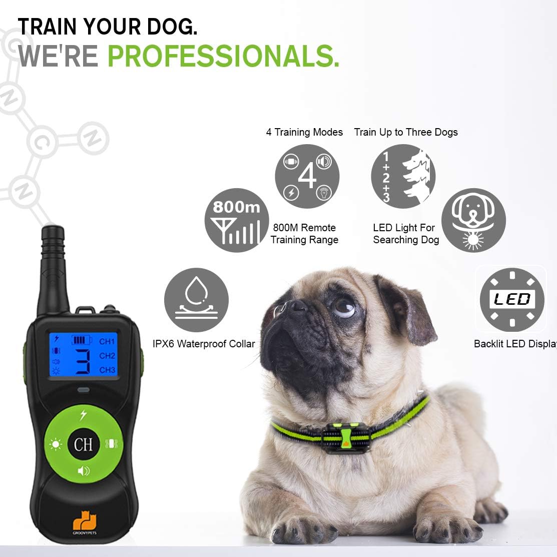 2640 FT Remote Dog Training Shock Collar with 3 Humane Correction Modes, Dog Locator Light, Waterproof Rechargeable, Belt-Clip Flashlight for Small Medium Large Dogs