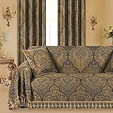 Loom and Mill Luxury Jacquard Sofa Covers, Classic Antique Couch Cover Sofa Throw Cover with Tassels for 2-3 Cushion Couch, Sectional Couch Covers Sofa Slipcover for Dogs, Bronze Gold, 71' X 118'