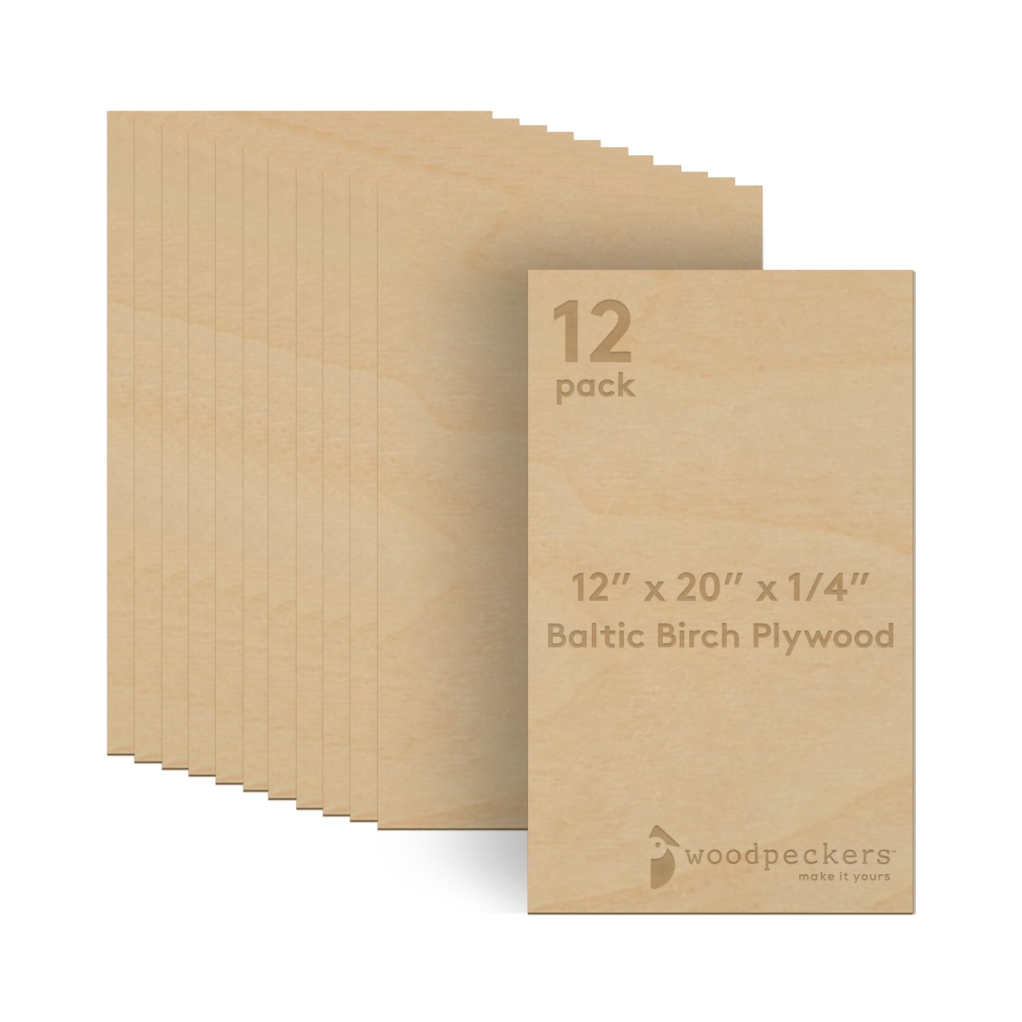 6 mm Baltic Birch Plywood 1/4 x 12 x 20 Inch, Box of 12 B/BB Grade Craft Wood, Stronger Than Basswood Sheets, for Laser, CNC Cutting and Wood Burning, by Woodpeckers