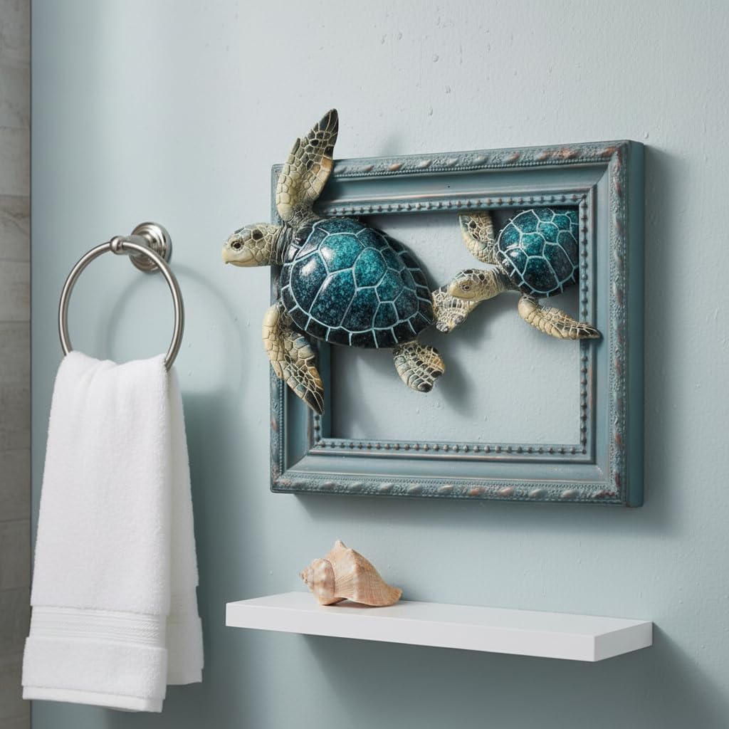 Comfy Hour 8" 3D Sea Turtle Wall Decorative Frame, Artisan Crafted Coastal Beach Theme Sculpture, Nautical Resin Wall Art Plaque for Bathroom & Living Room, Ocean Voyage Collection, 1 Unit