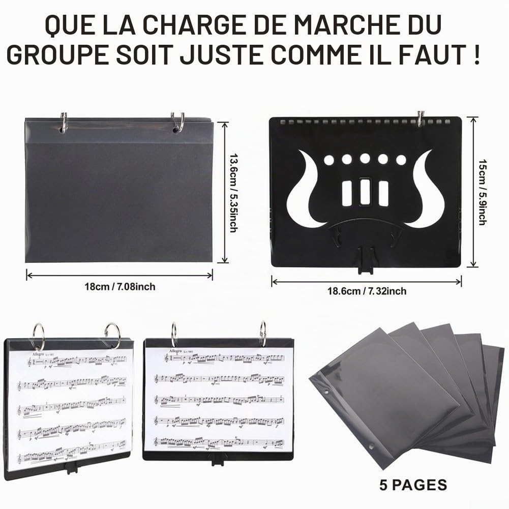 Lyre de fanfare avec 5 feuilles transparentes, support de partition pour instruments en laiton, support en plastique léger à clipser pour défilés et