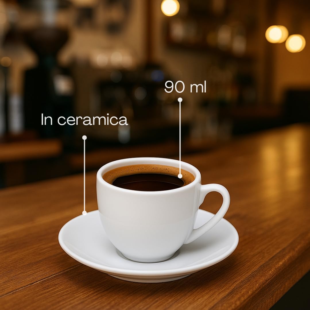 Generico Set 6 Tazzine da Caffè con Piattino 90 ml in Ceramica Bianca – Design Elegante, Ideali per Espresso, Bar e Casa – Lavabili in Lavastoviglie