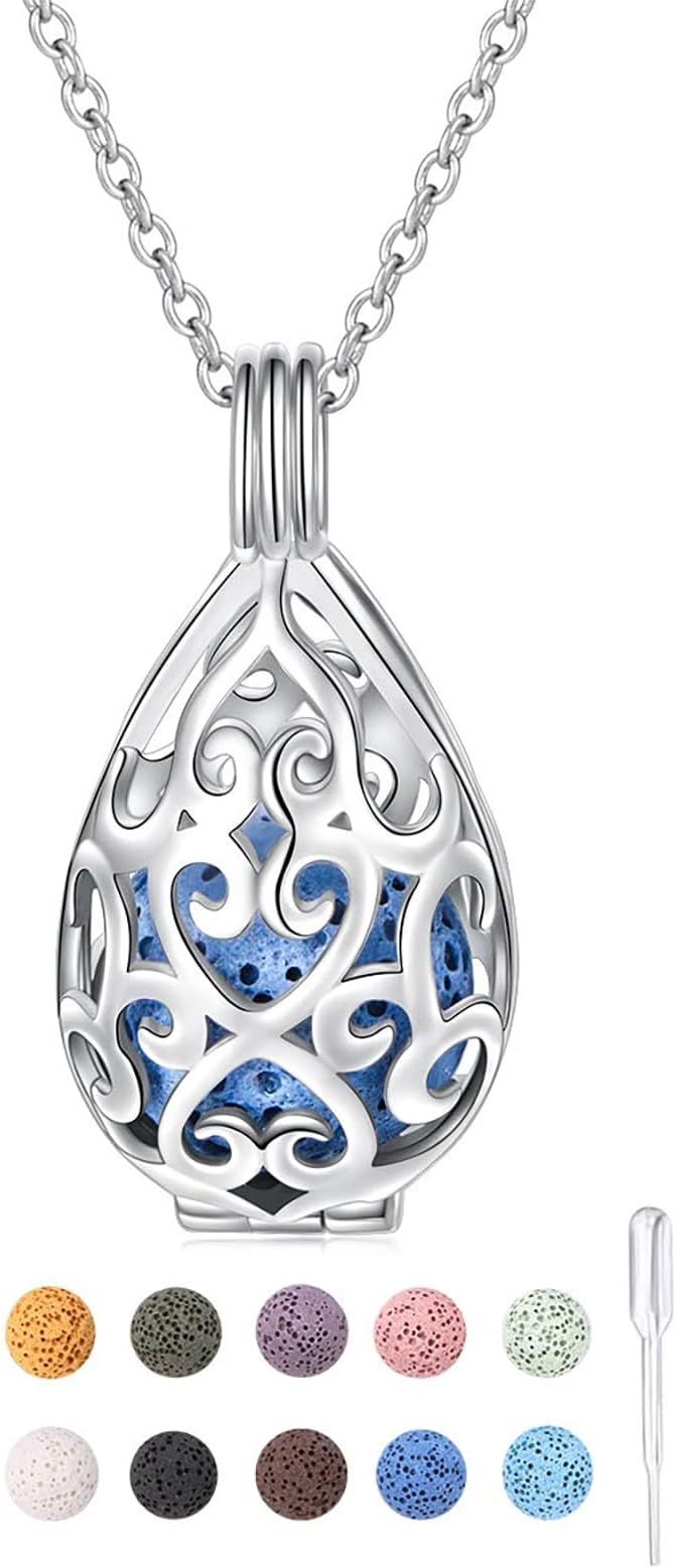 DAOCHONG S925 Sterling Silver Aromatherapy Essential Oil Diffuser Necklace Love Heart Locket Perfume Pendant Necklace Jewelry 18+2" Adjustable Chain