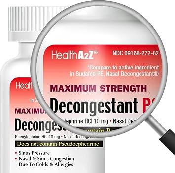 HealthA2Z Decongestant PE | Phenylephrine HCl 10 mg | Maximum Strength | Nasal & Sinus Congestion Relief Due to Cold & Allergies (90 Count (Pack of 1))