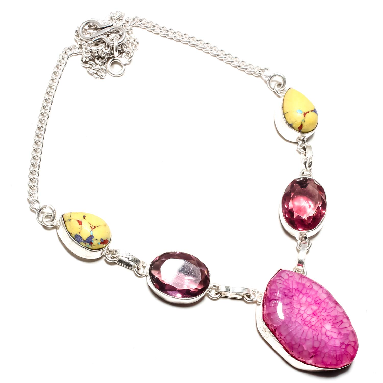 jewels paradise Wonderful Pink Agate & Pink Amethyst,Rainbow Mosaic Jasper Gemstone Necklace Handmade 925 Sterling Silver Plated Jewelry -Adjustable Link Chain Necklace - (SF-1300)