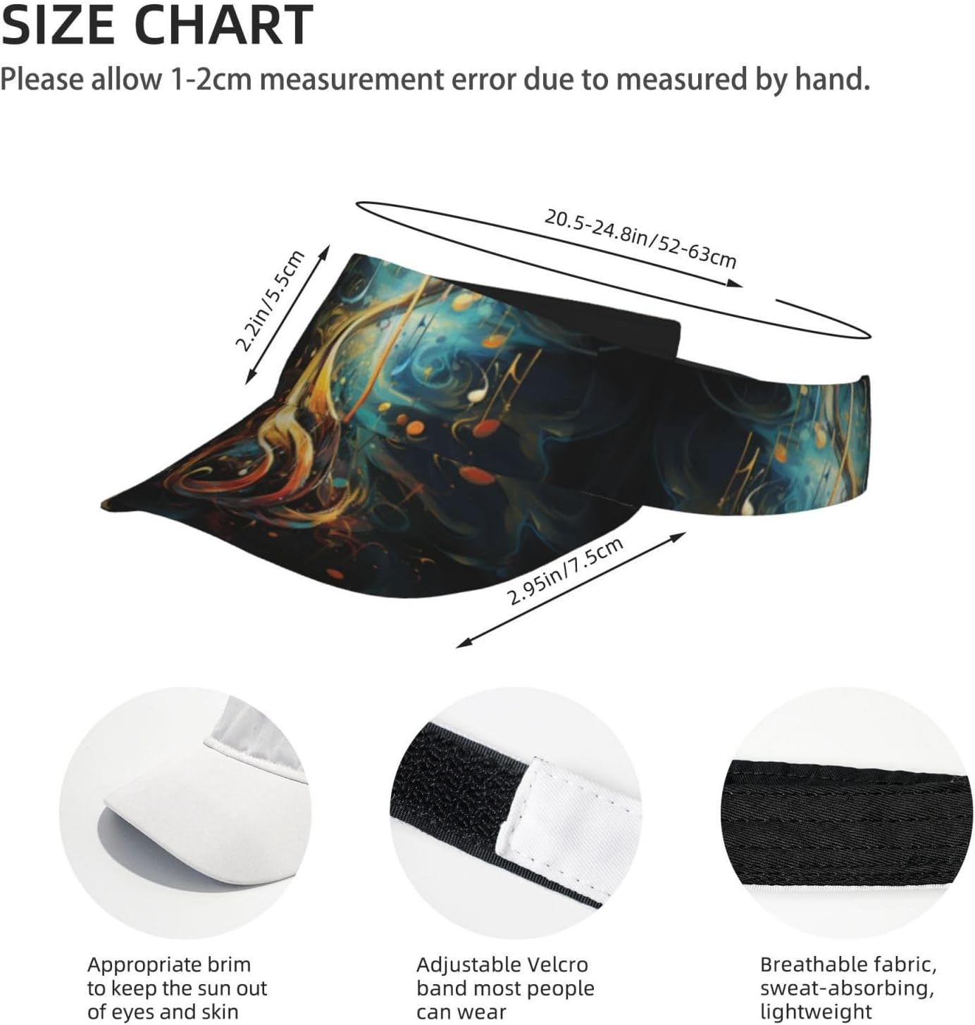 Music Symbol Print Sports Sun Visor Hats Adjustable Running Golf Tennis Sun Cap for Women Men Black
