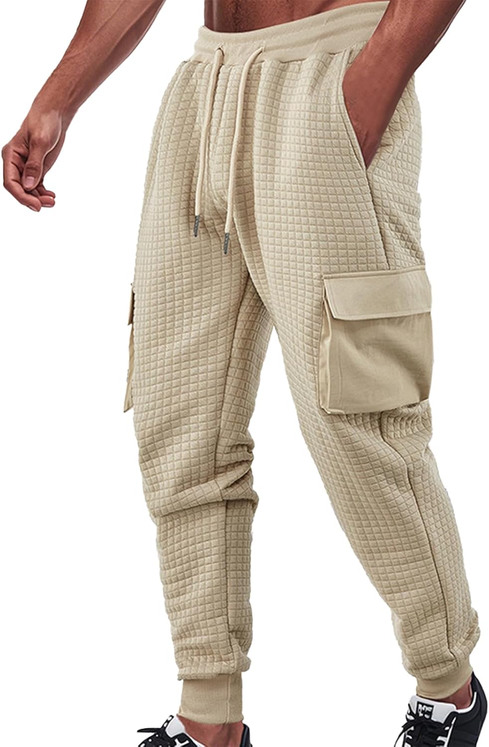 Waffle Sweatpants for Men Solid Color Street Hip Hop Loose Fit Casual Lounge Fall Drawstring Pants with Pockets