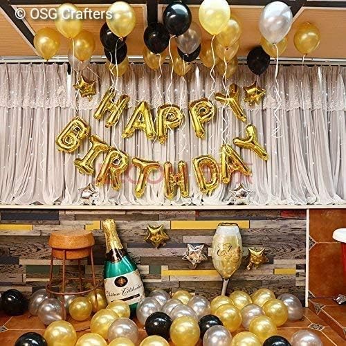 OSG Crafters Happy Birthday Letter Foil Balloon Set + Pack of 30 HD Metallic Balloons (Black, Gold and Silver) (Gold, Pack of 30)