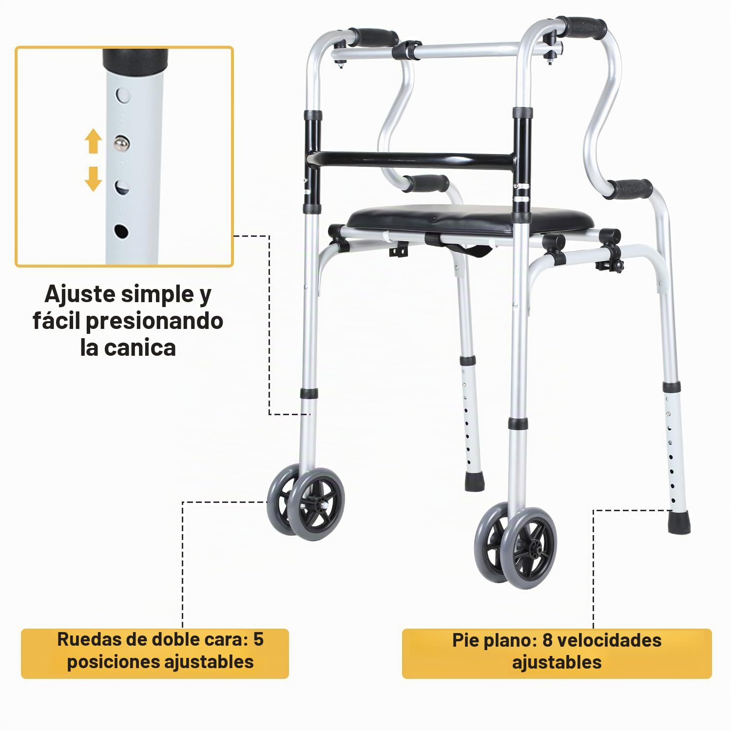 Andador para personas mayores, caballete plegable con 2 ruedas, altura regulable, aluminio, antideslizante, estable hasta 180 kg, color plateado