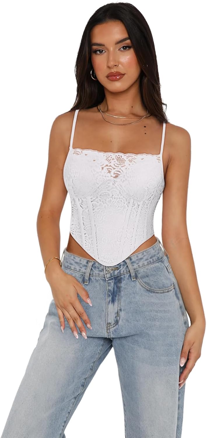 REORIA Womens Trendy Sexy Lace Strap Zip Back Going Out Boned Bustier Corset Tank Top With Built In Bra