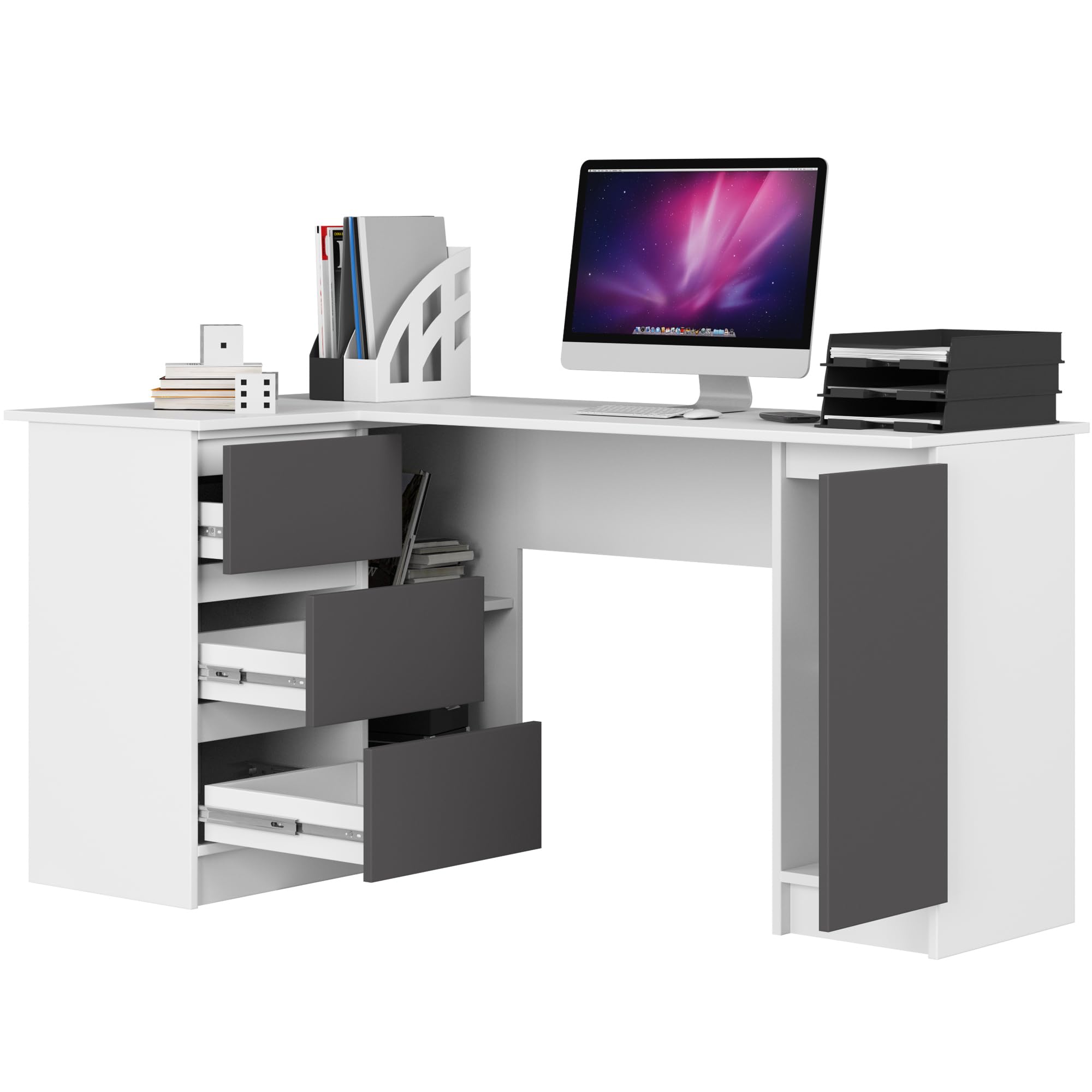 AKORD B-20 Hoekbureau met 3 laden, 2 planken en een plank met deur links of rechts, 155 x 77 x 85, 60 kg | wit/grafietgrijs AKORD B-20 Hoekbureau met 3 laden, 2 planken en een plank met deur links of rechts, 155 x 77 x 85, 60 kg | wit/grafietgrijs