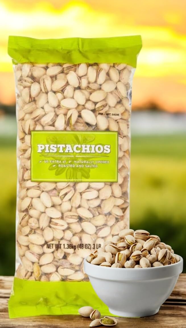 Kirkland In-shell Pistachios Roasted & Salted – 3 lbs (48 oz) Bag – Naturally Opened California Pistachios – Crunchy, Lightly Salted Snack – Kosher, Cholesterol Free