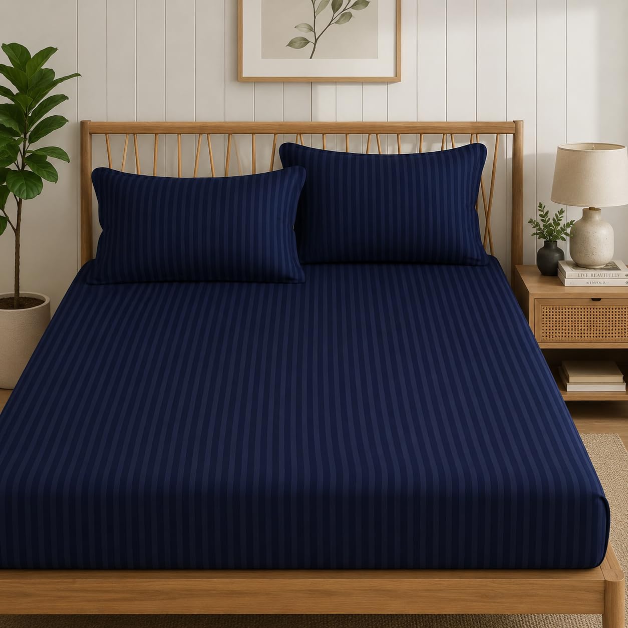 Blue Strip Polycotton Bedsheet, Double 90x100 (Blue)