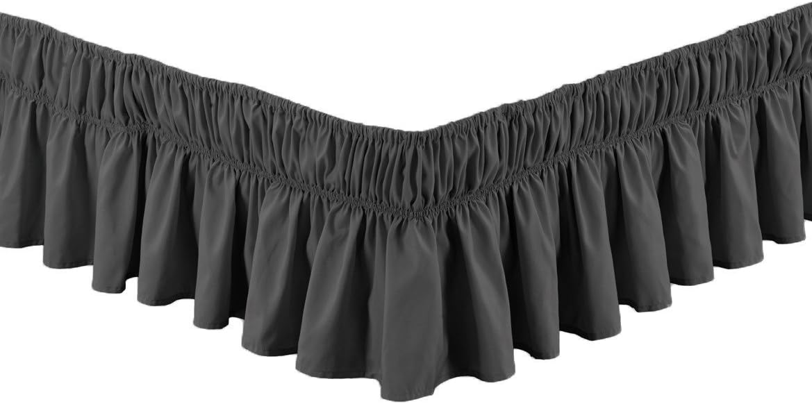 All Season Easy Fit Black Bed Ruffle Wrap Around Elastic Bed Skirt Queen/King 14" Drop