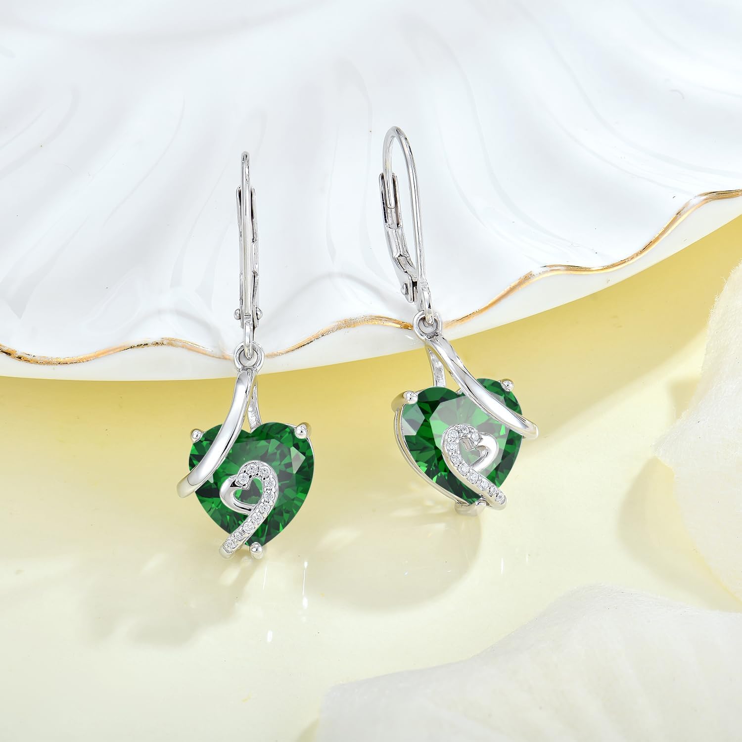 Women 925 Sterling Silver Heart Pendant Necklace Earrings Green May Birthstone Emerald Color Jewelry Set