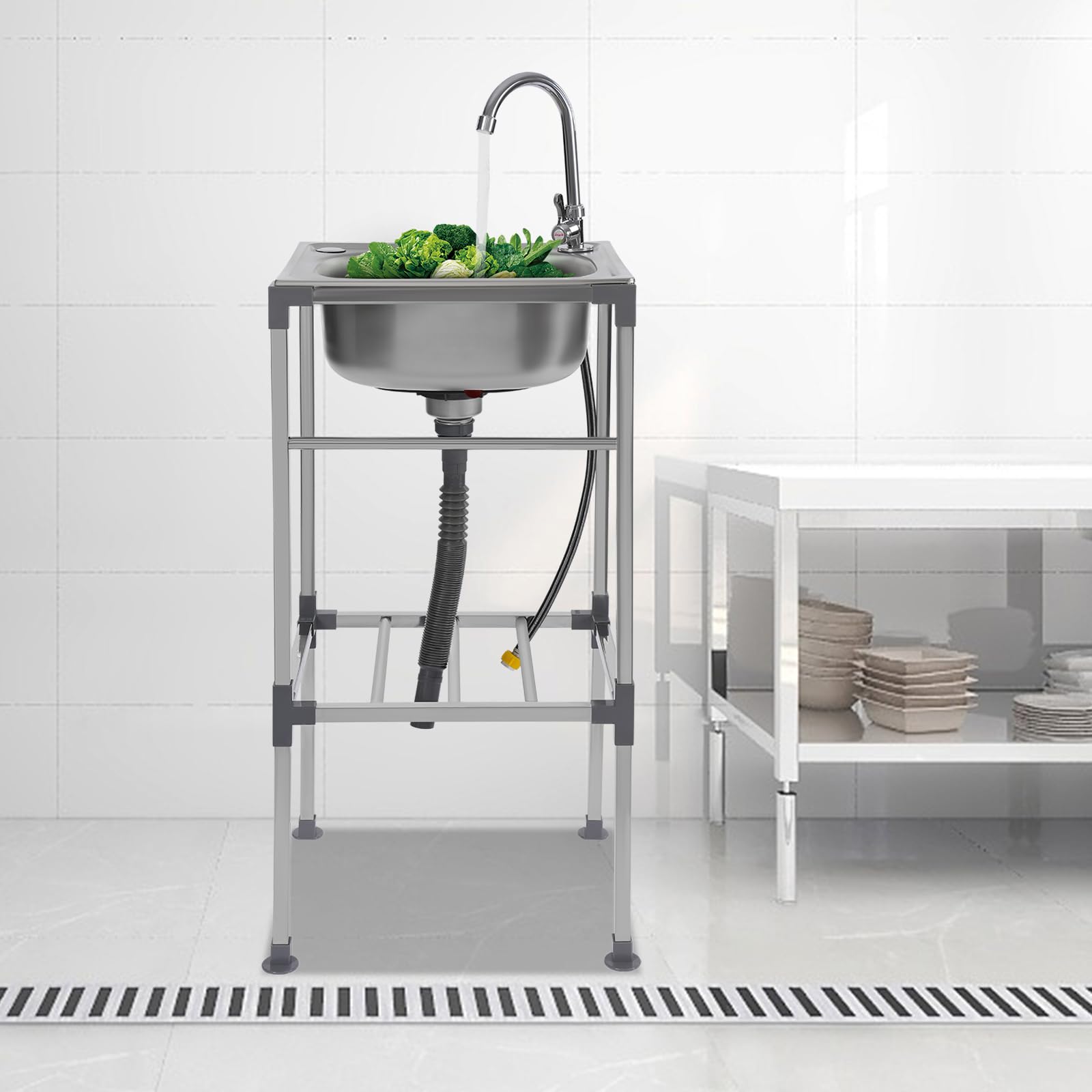 Lavabo in Acciaio Inox Commerciale 38 x 33 x 83 cm, Mobile Lavello da Cucina in Acciaio Inox, Lavandino Autoportante, con Rubinetto a 360°, Lavabo Multifunzione per Ristorante, Bar, Lavanderia
