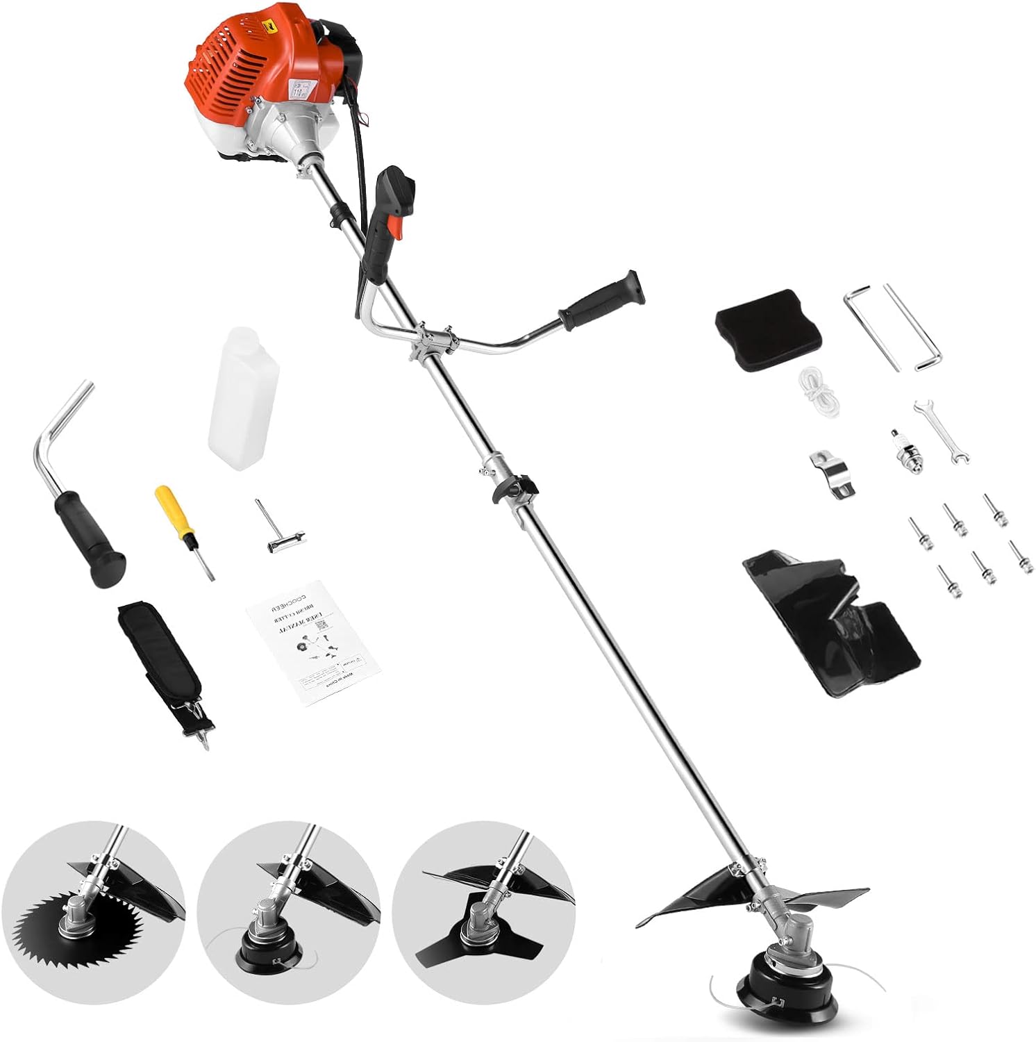 58cc 4-in-1 String Trimmer Gas Weed Wacker, 2-Cycle Brush Cutter with 18" Cutting Path, Straight Shaft Gas Powered Weed Eater with 4 Detachable Heads for Lawn, Yard, Garden, Orange