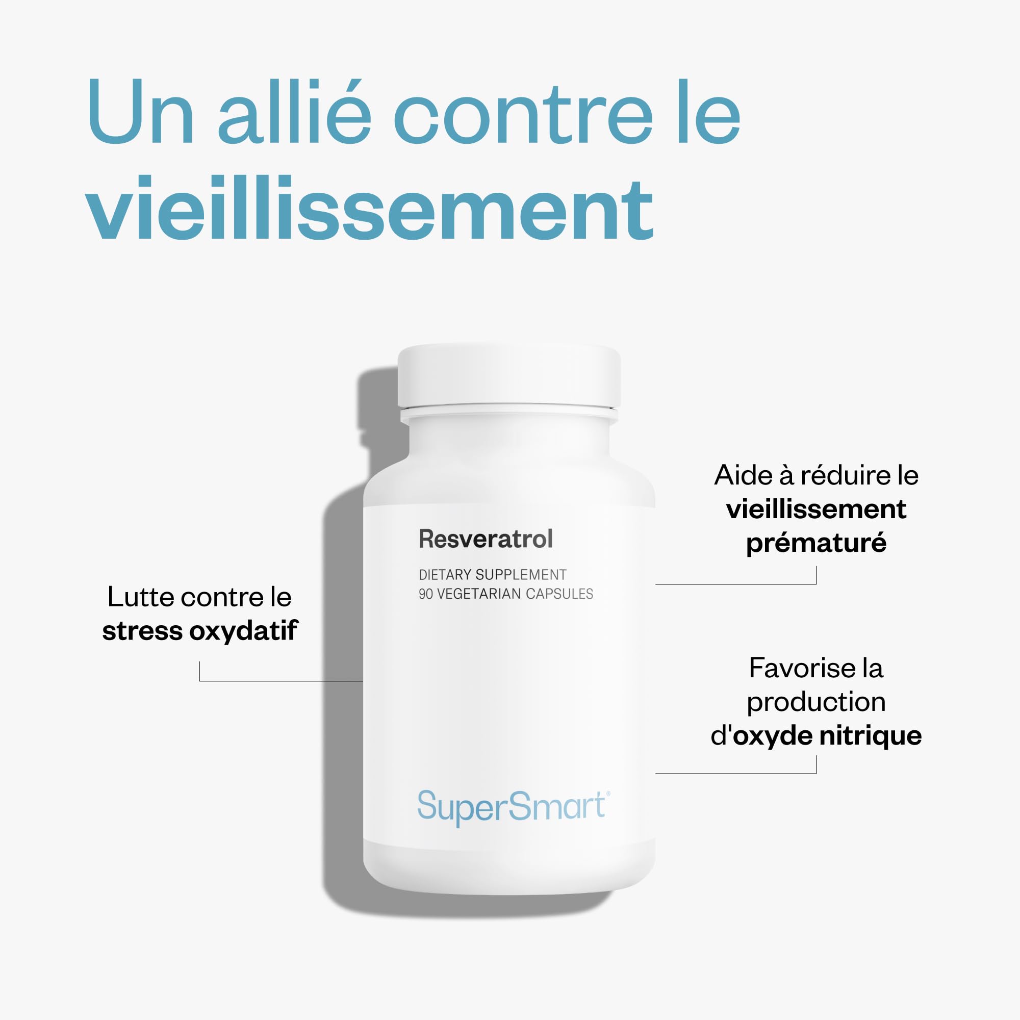 Resvératrol - Complément Antioxydant Naturel - Pour la Santé du Cœur, Diminuer le Cholestérol et le Bien-être Cellulaire - 60 gélules végétariennes - Vegan - SuperSmart