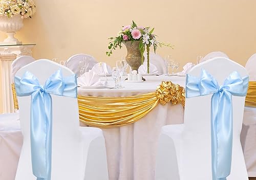 Miniatura 3 de ZSJFMF Paquete de 50 cintas de satén para sillas color azul bebé, 7 x 108 pulgadas, cintas universales doradas para sillas de boda, ceremonia,