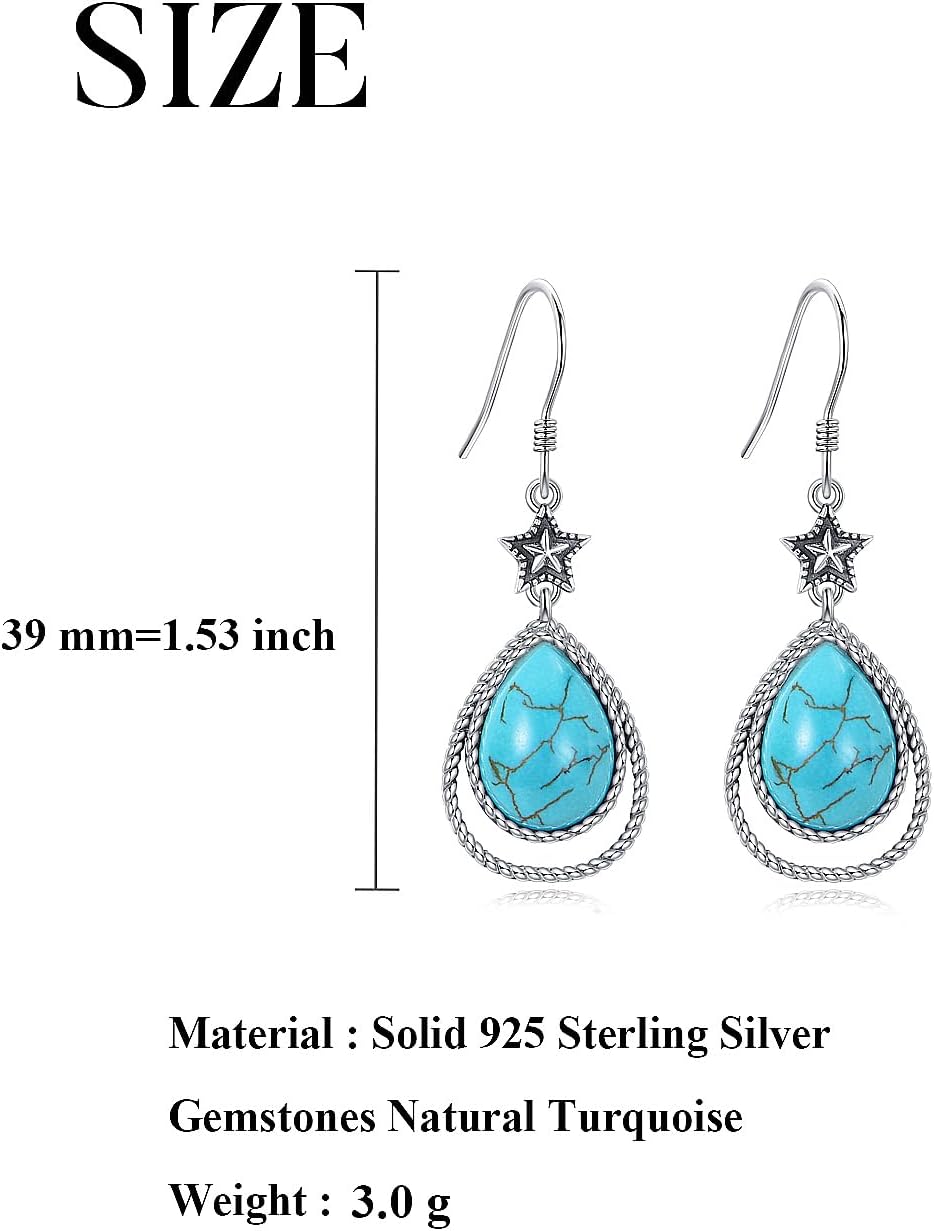 Boho Style Genuine Turquoise Earrings for Women 925 Sterling Silver Star Teardrop Gemstone Southwest Native Amerian Earring Jewelry for Her