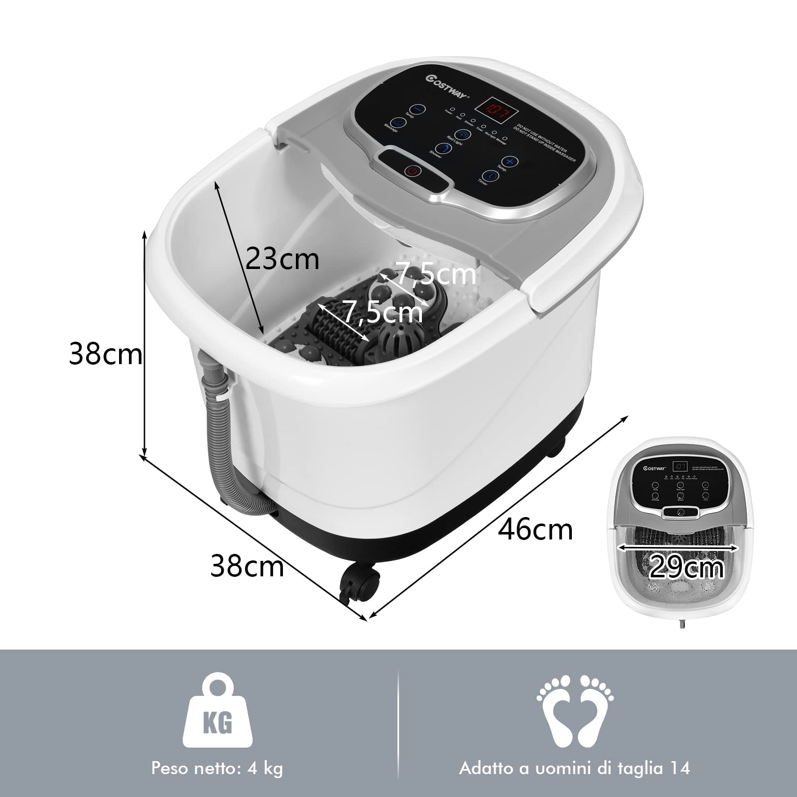 RELAX4LIFE Pediluvio Idromassaggio Elettrico 3 in 1 con Doccia, Riscaldamento Rapido e Mantenimento Temperatura, Sterilizzazione a Infrarossi e Timer 60min, Copertura con Rotelle(Grigio)