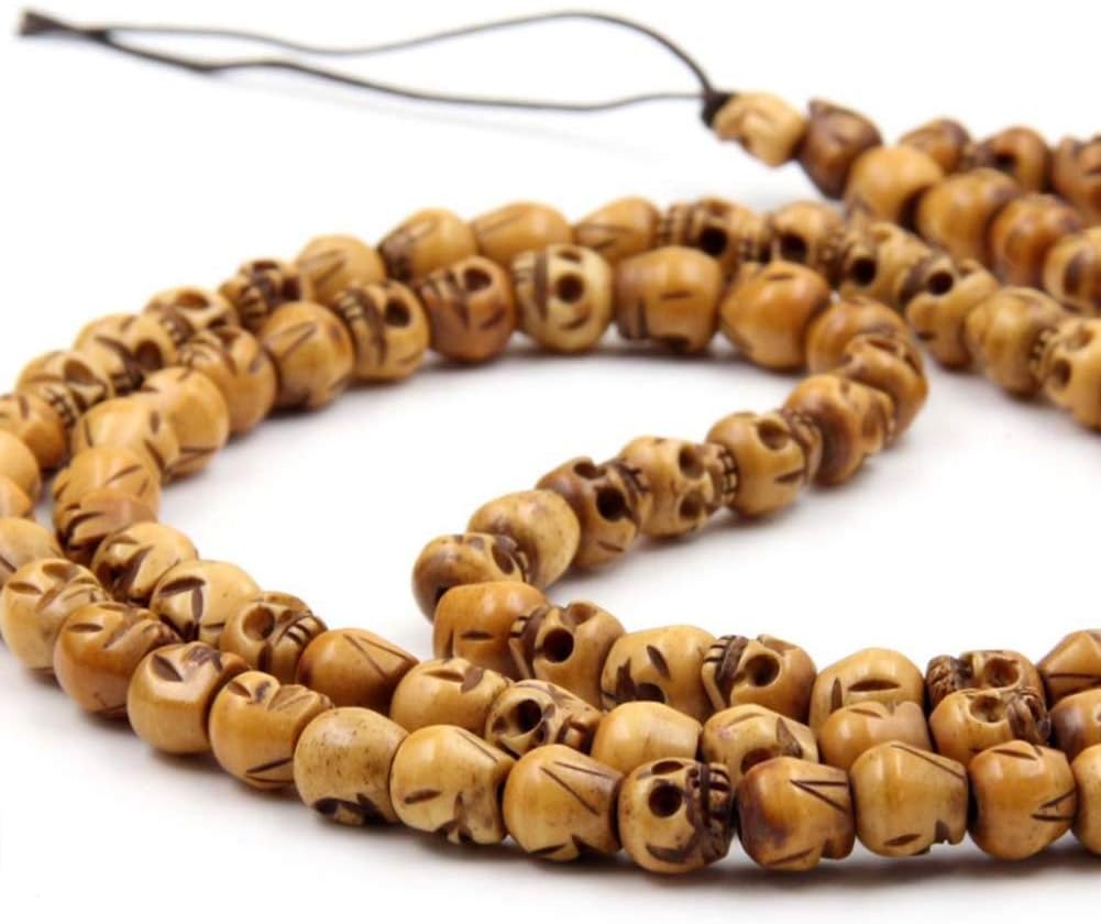 EASTCODE 108 Beads Buddhist Tibetan Carved Skull Grains of Natural Bone Carved Skulls Beads Rosary Necklaces