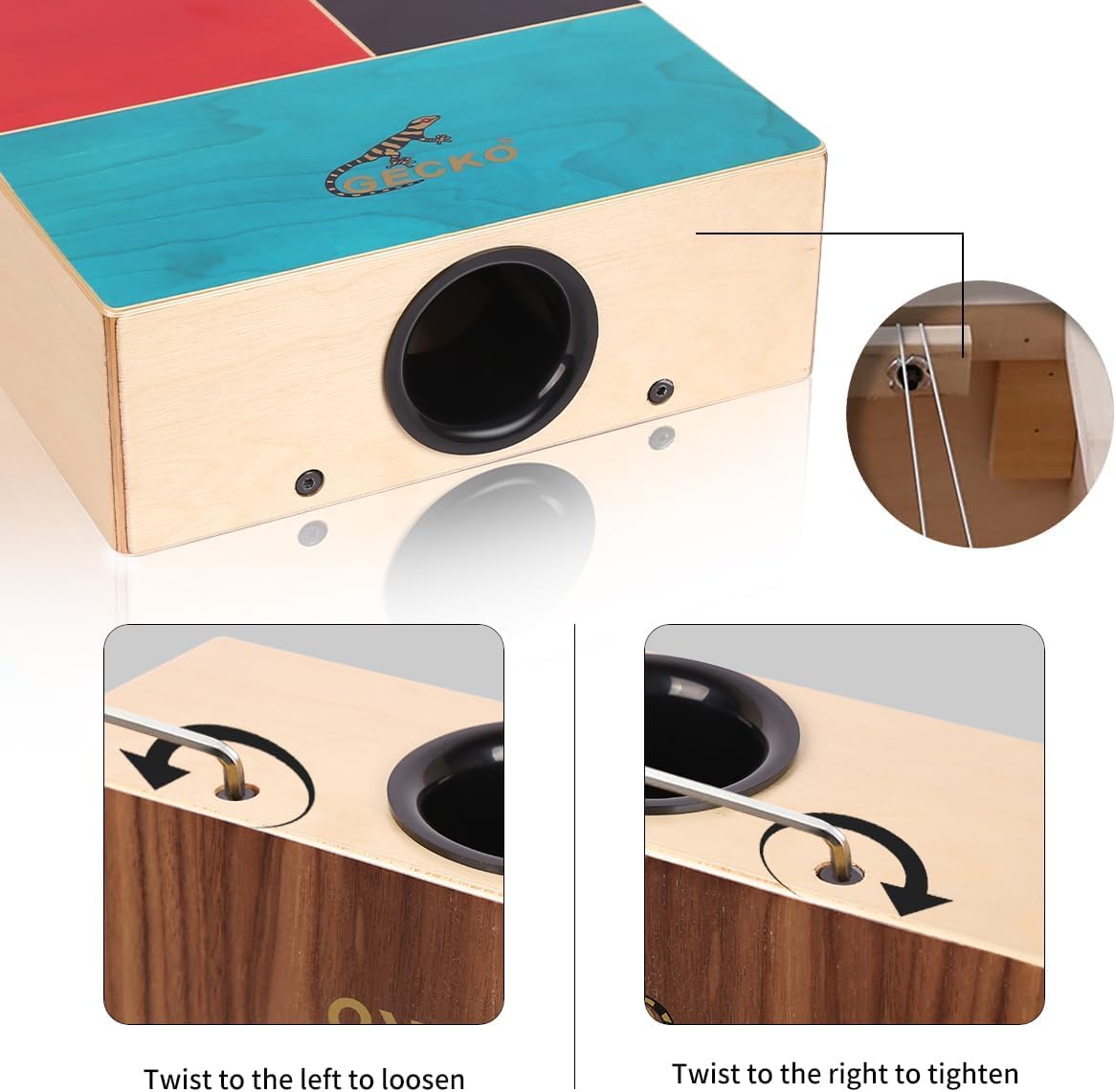 GECKO Cajon Drum Dual Sided Wooden Cajon with Bongo and Guitar String Sounds Portable Hand Percussion for Beginners and Professional Drummers Birch and Walnut Includes Carry Bag