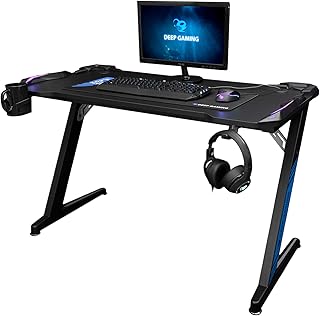 Mesa Gaming PC para e-sports con Iluminación LED RGB alimentada por USB, Textura de Fibra de Carbono, Gran Reposavasos, Guiado de Cables y Soporte para Auriculares. Color Negro