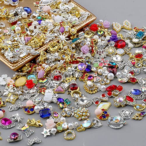 Dornail 50Pcs Gold Nail Charms For Acrylic Nails Silver Rhinestones For Nails Mix Styles 3D Nail Rhinestones Metal Nail Gems Alloy Zircon Nail Crystals Nail Jewels Nail Decorations For Nail Art Charms #TOP3