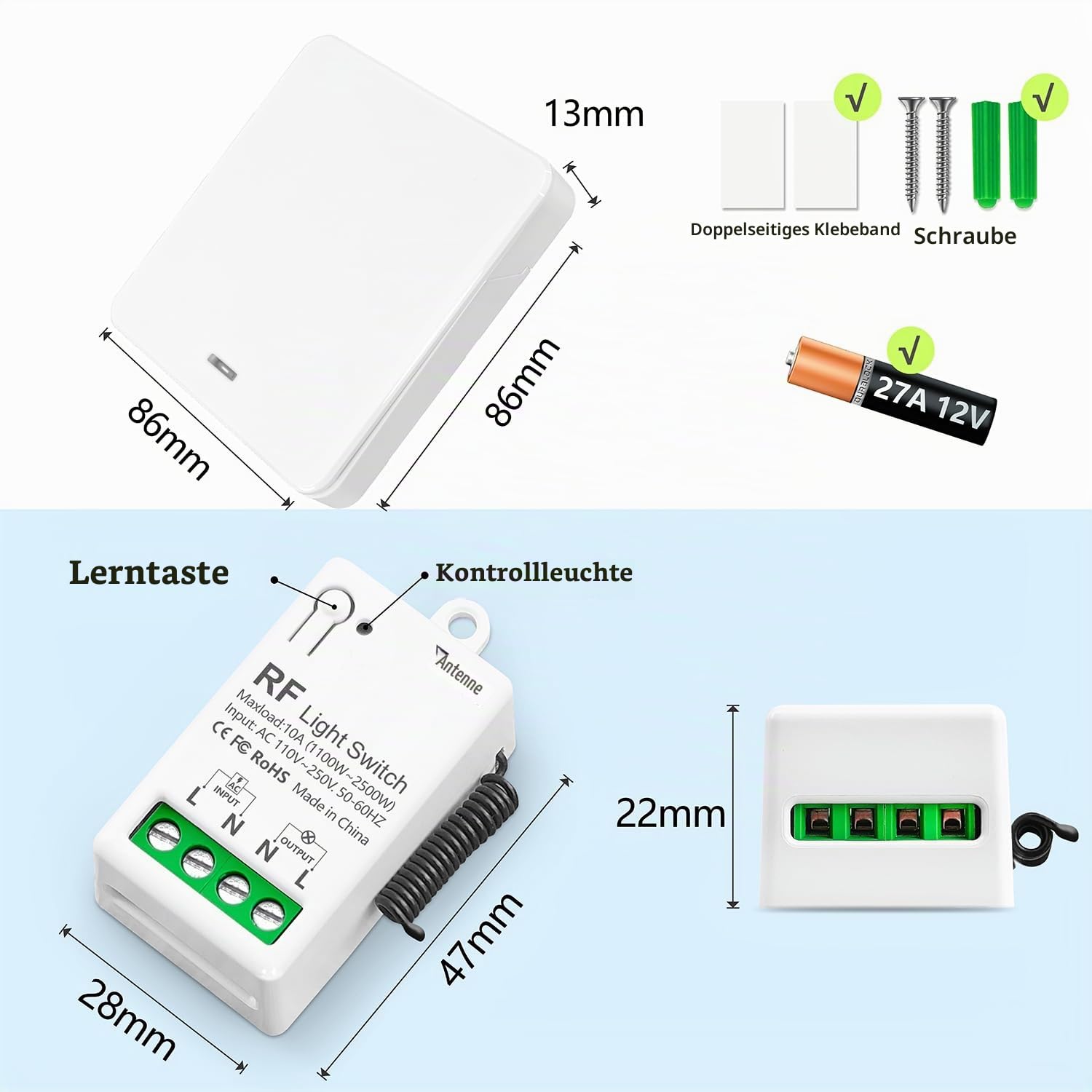 DieseRC Funk Lichtschalter, RF Drahtloser Sender Schalter und 10A Relaisempfänger-Controller, für Lichter mit einer Leistung von bis zu 1500 Watt