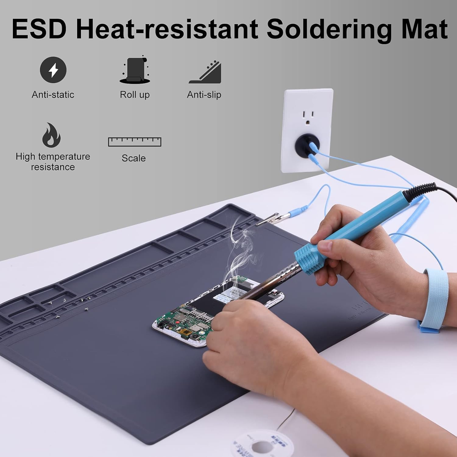 HPFIX Anti-Statik-Matte für Elektronik, Premium hitzebeständige ESD sichere Lötmatte mit ESD-Armband und Erdungskabel für Computer, Laptop, Handy und iPad Reparaturen