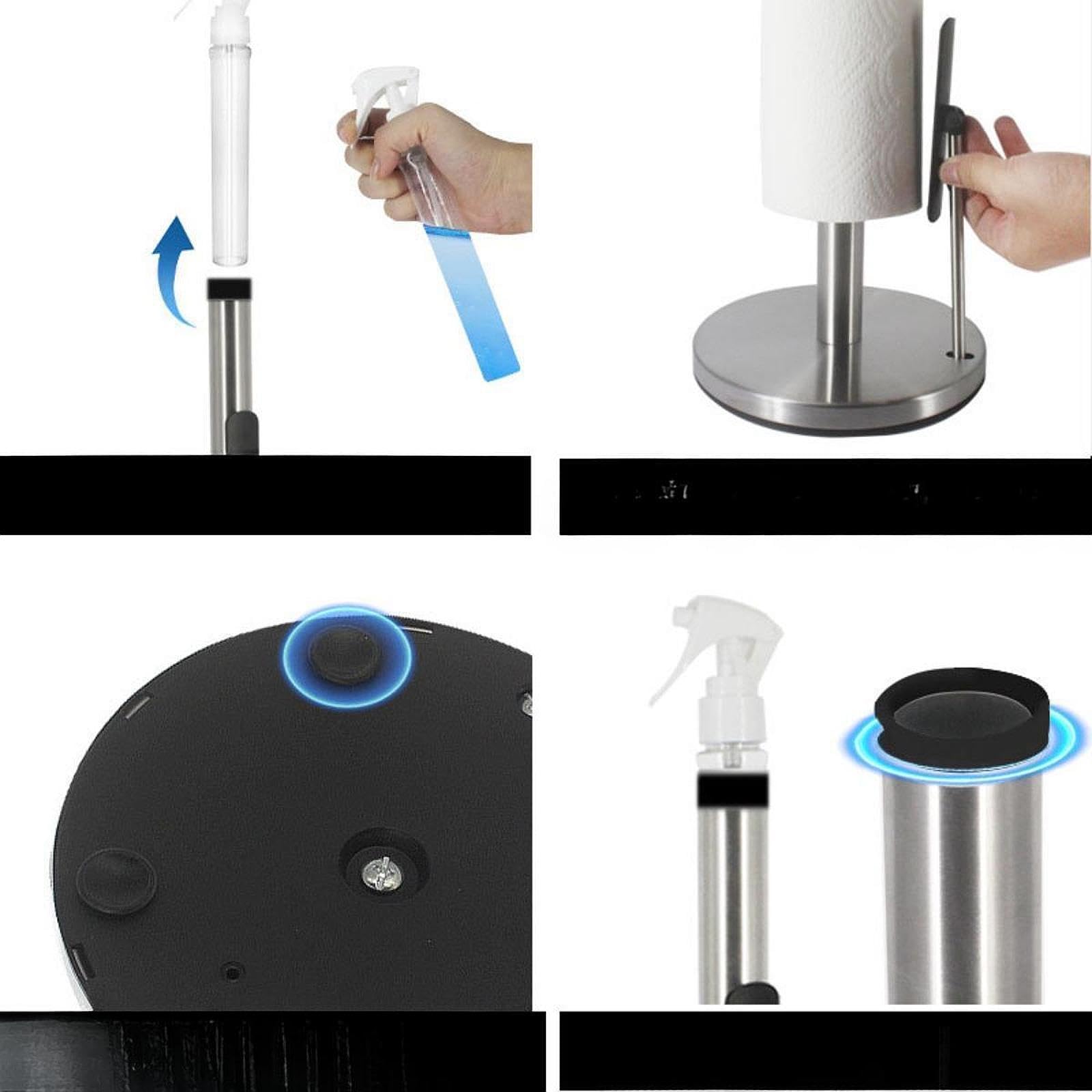 Porta de Cocina Soporte de Pie Organizador de Toallas de Papel Acero Inoxidable Antióxido con Botella Pulverizadora Funcional Adecuado para, Copa de Succión Plata, Individual