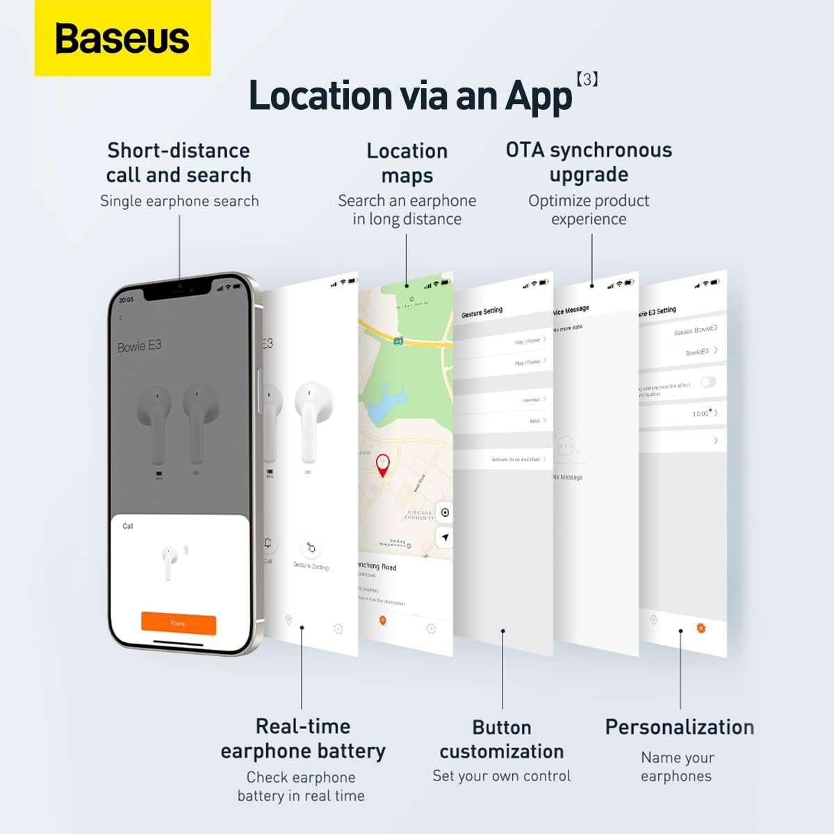Baseus app features for earphone location and settings