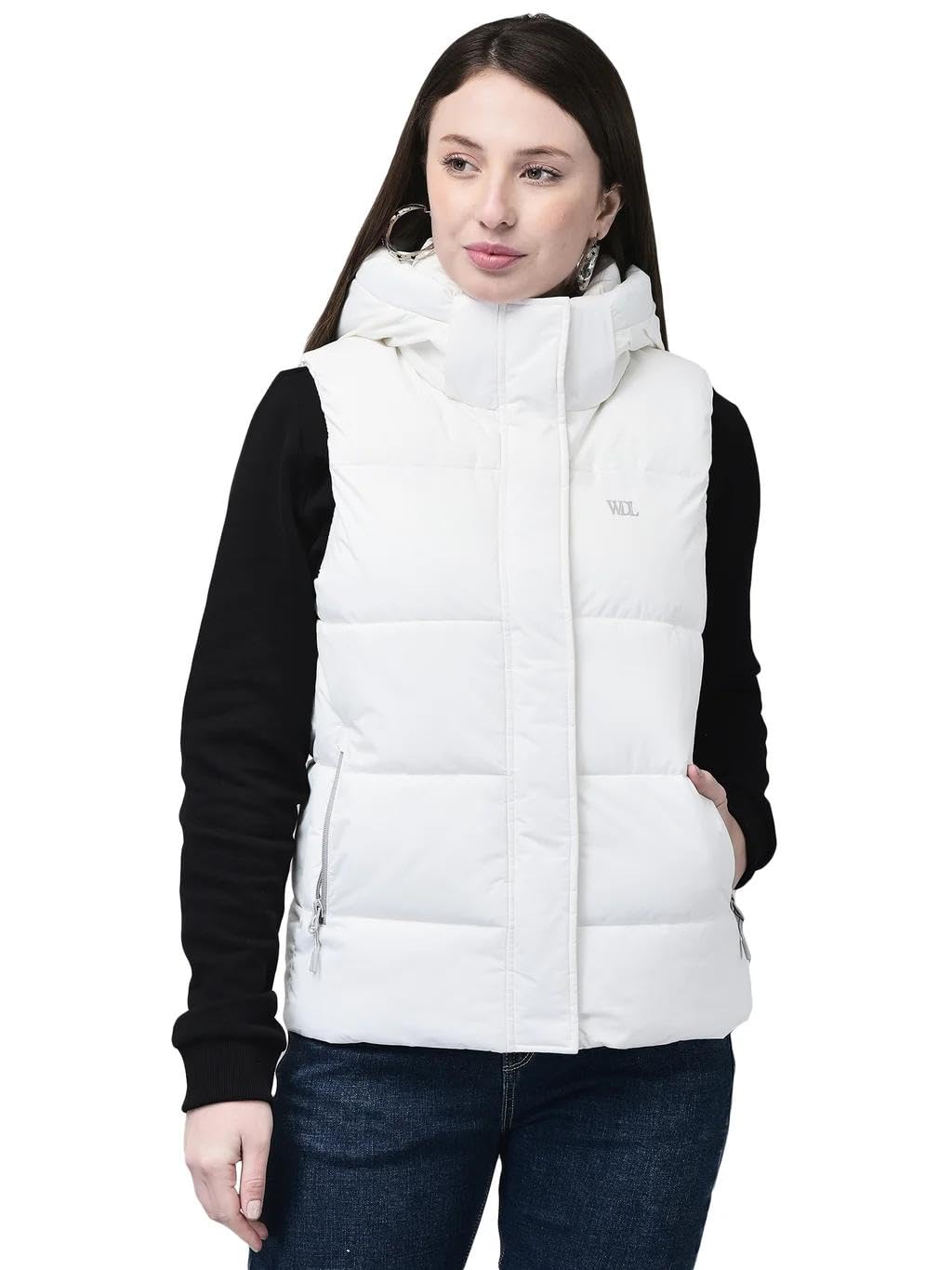 Women’s White Solid Regular Fit Quilted Lightweight Windproof & Water-Resistant with Cozy Hood & Zipped Pockets – Stylish Winter Vest for & Casual Wear