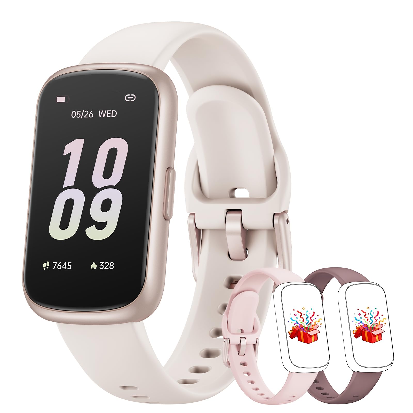 Montre Connectée Femme Homme - 3 Bracelets, 1,47'' Bracelet Connectée avec 24/7 Fréquence Cardiaque, SpO2/Sommeil, Mode Sport, Podomètre, Notification, Etanche 3ATM pour Android iOS, Or Rose/Stellaire