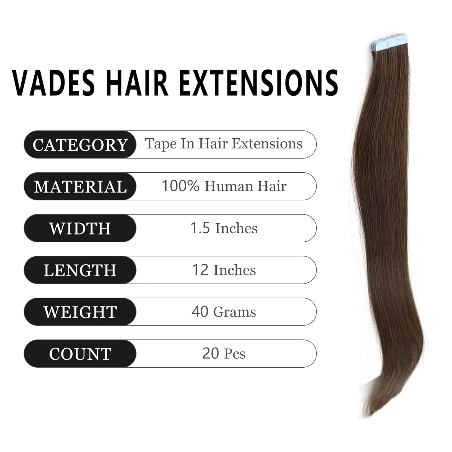 VADES Invisible Tape In Hair Extensions Remy Human Hair #2 Chocolate Brown 12 Inch Extensions 100% Real Human Hair 20 Pieces 40 Grams Straight Seamless Skin Weft Extensions