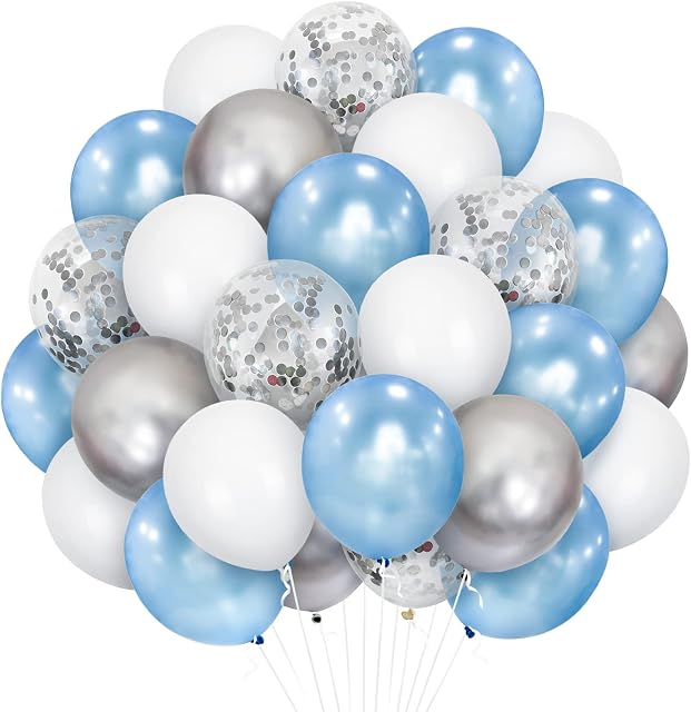 Blue Balloons Frozen, 30 Pack 12 Inch Pearl Blue Pastel White Balloon Metallic Silver Helium Latex Balloons for Winter Wonderland Birthday Snowflake Theme Baby Shower Wedding Party Decoration
