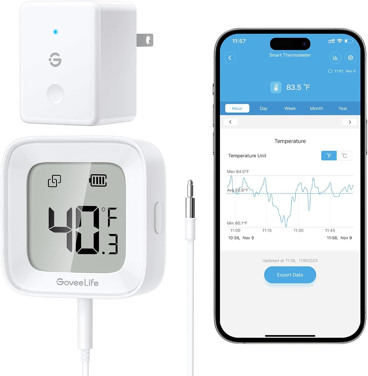 GoveeLife Termómetro WiFi para refrigerador, paquete de 1 con puerta de enlace y pantalla LCD | Monitor de refrigerador con alarma de congelador con alertas de aplicación y anti-falsos, alcance de 197 pies, exportación de datos de 2 años. Para congelador/pecera/jacuzzi