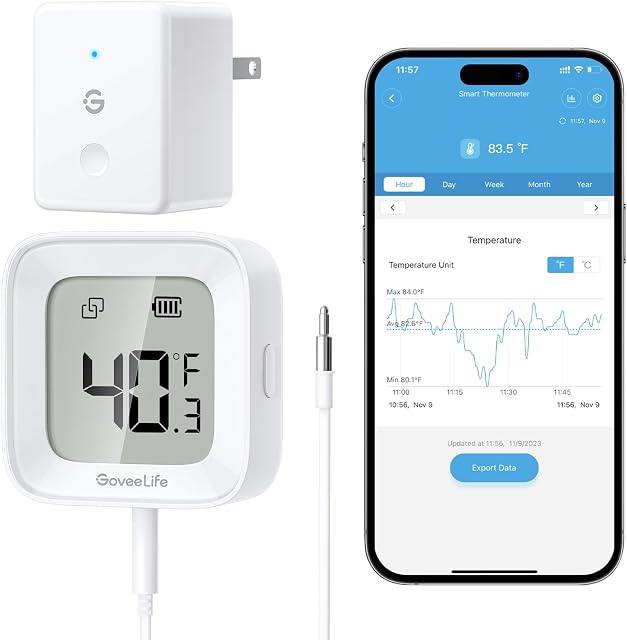 GoveeLife WiFi Thermomètre réfrigérateur avec alarme, jauge de température de congélateur numérique sans fil avec contrôle d'application, LCD Affichage, 2 Export de données libres années, pour Tub chaud de réfrigérateur (Seulement support 2.4G WiFi)