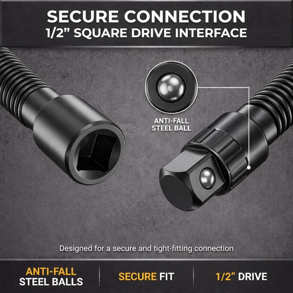 Flexible Socket Extension 1/2 Shaft Impact Offset Wrench Extender Tools Flex Head Ratchet Drill Bit 90 Degree Organizer Drive Swivel Bar Rod Set for Electric Reach Tight Space