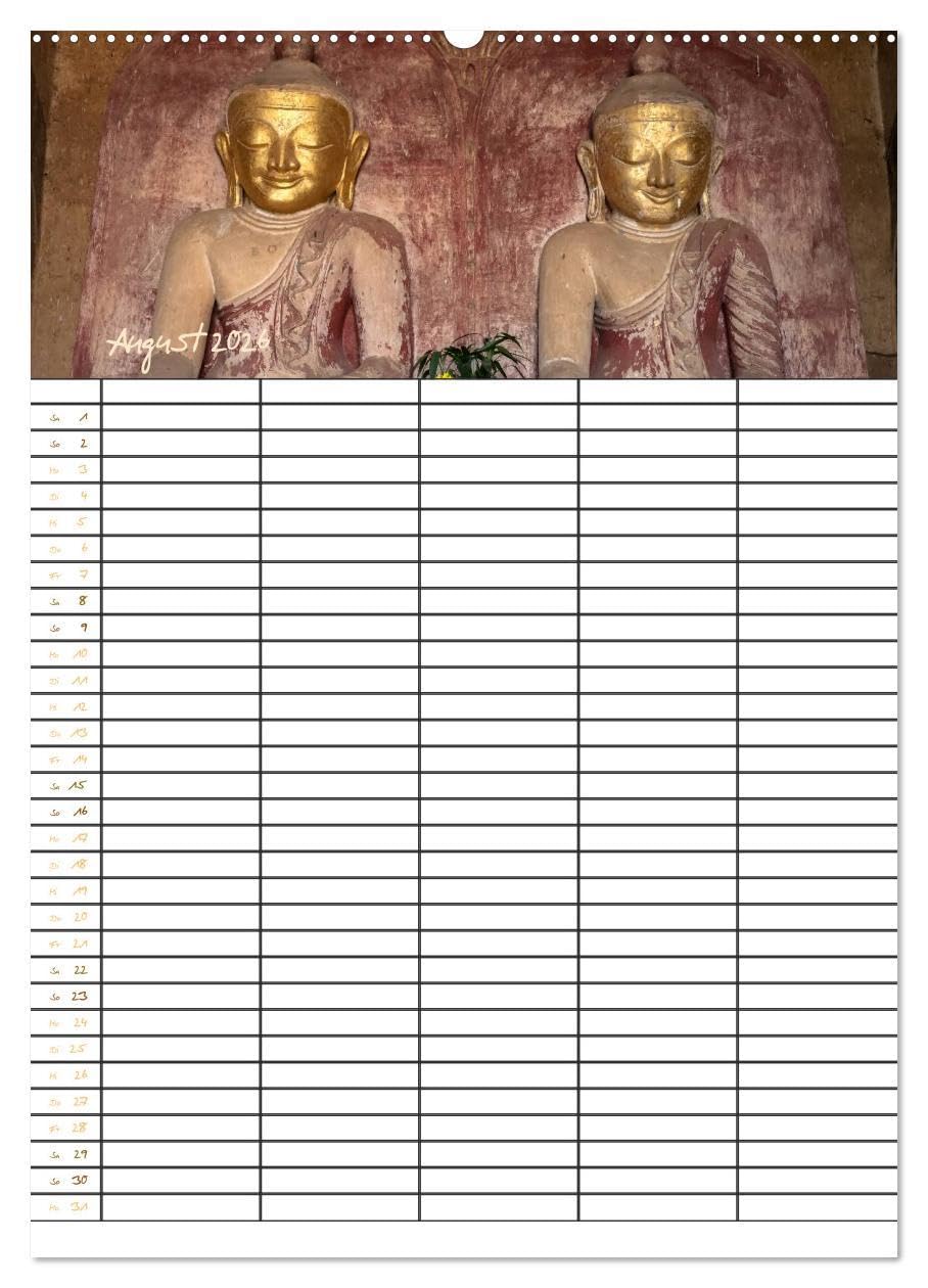 Goldenes Myanmar - Familienkalender 2026 (Wandkalender 2026 DIN A2 hoch), CALVENDO Monatskalender: Myanmar - das Land der Pagoden, Klöster, Mönche und ... 5 Spalten für Ihre Einträge. (CALVENDO Orte)