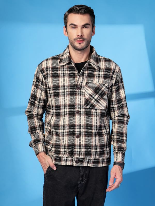 Image of CHKOKKO Men's Tweed Winter Shacket Stylish Flannel Plaid Standard Length Jacket Shirt