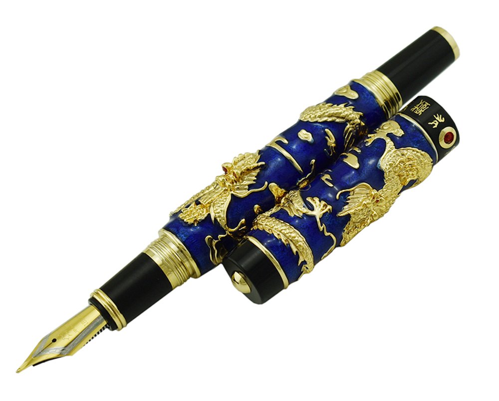 Jinhao Stylo plume double dragon à pointe moyenne avec convertisseur de recharges d'encre, bleu cloisonné