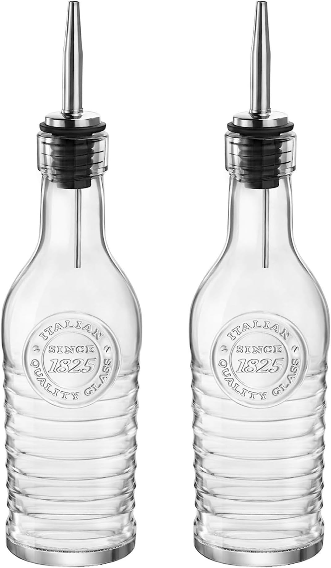 BORMIOLI ROCCO Officina 1825 Olive Oil/Vinegar Glass Bottles Stainless Steel Pouring Spout 268 ml (Pack of 2)