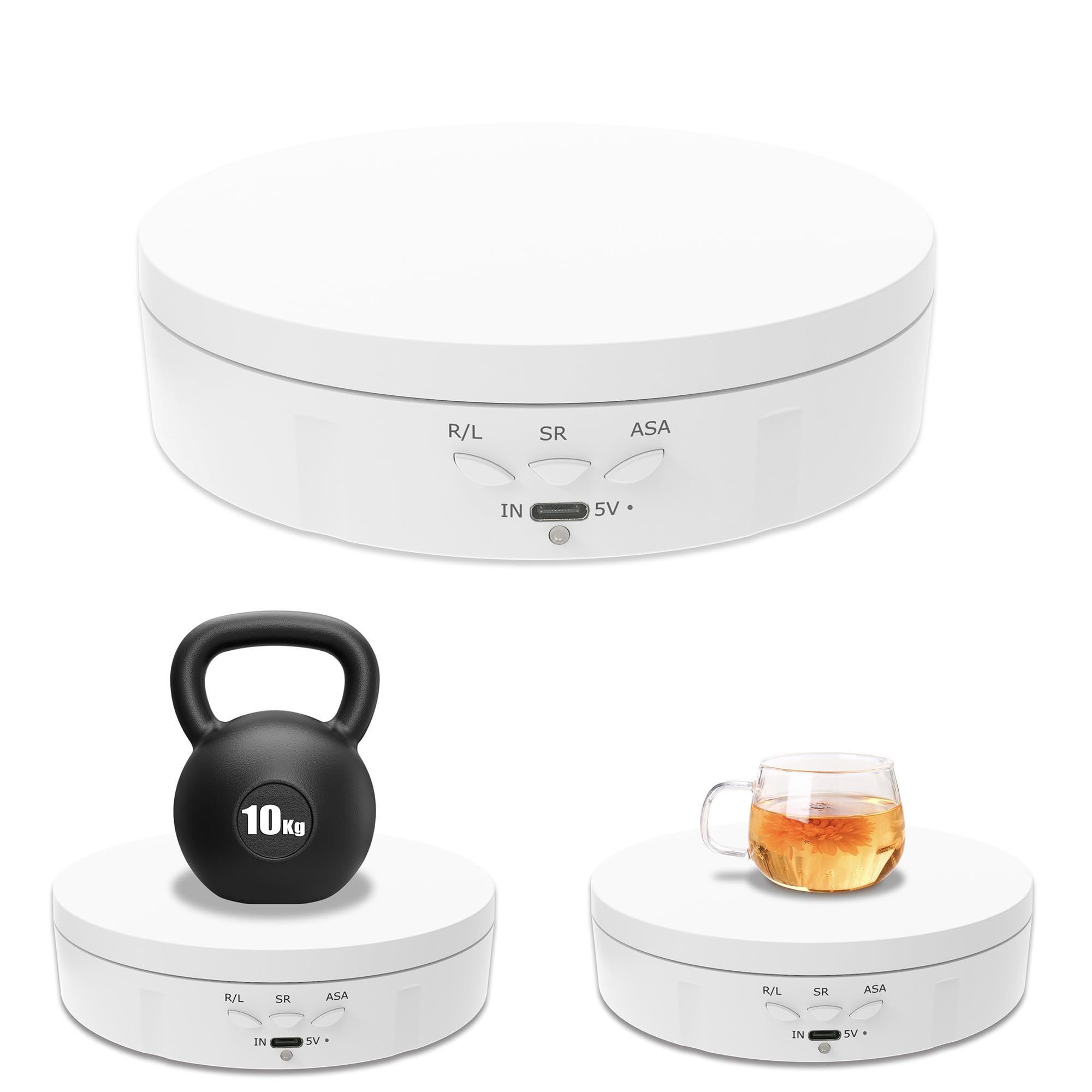 E Eshion Electric Turntable, 360 Degree Adjustable speed Revolving Base for Photography,Jewelry,3D Models,Watch, Battery/USB Power Supply,Motorized Turntable(white 5.74 inches/Load 22LB)