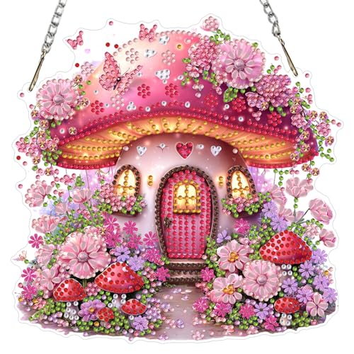 Lxmsja DIY Pink Mushroom House Diamond Painting Hanging Ornament, Double-Sided Acrylic Floral Fantasy Diamond Art Kit, Special Shaped Suncatcher Hanging Pendant Window Art Kit by Lxmsja - Used condition - US$7.19