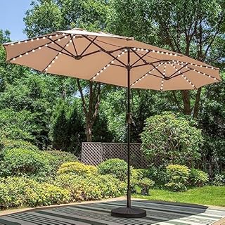 PHI VILLA 13ft Patio Umbrella with Solar-Powered 120 PCS LED Color-Changing Lights, Triple-Head Large Rectangle Umbrella Outdoor Patio for Table with Crank Lift,Beige(No Base)