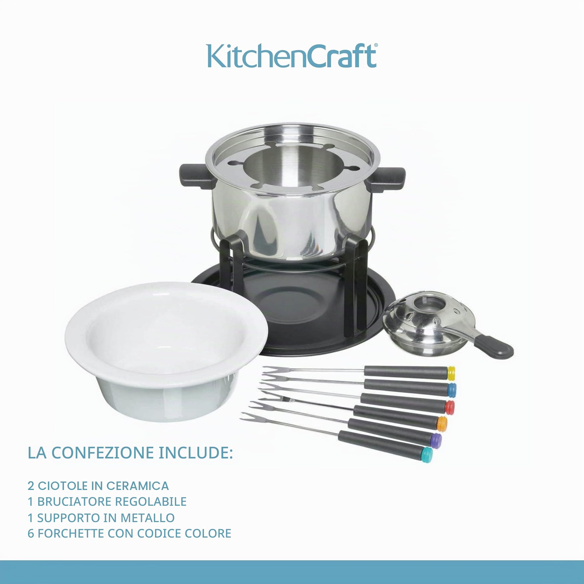 KitchenCraft - Deluxe Fondue- Set Set Fonduta con Ciotole, Acciaio Inossidabile, Argento