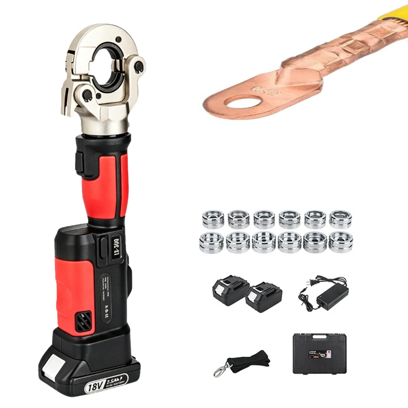 Pvxa 16-300Mm² Rechargeable Hydraulic Crimper, Electric Hydraulic Wire Crimper, Efficient Cable Lug Crimper, with 12 Pairs of Dies, for Copper Aluminum Terminal Red