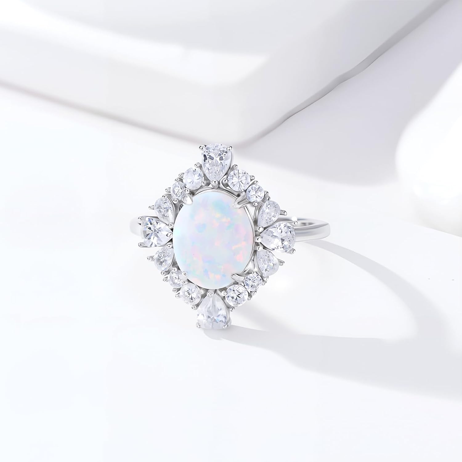 3 Carat Oval Opal Ring S925 Sterling Silver Dainty White Opal with Cubic Zirconia Ring Anniversary Birthday Mother's Day Gift for Women Wife